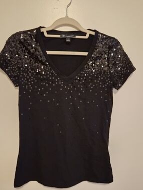 INC International Concepts Black Sequin V-Neck Tee